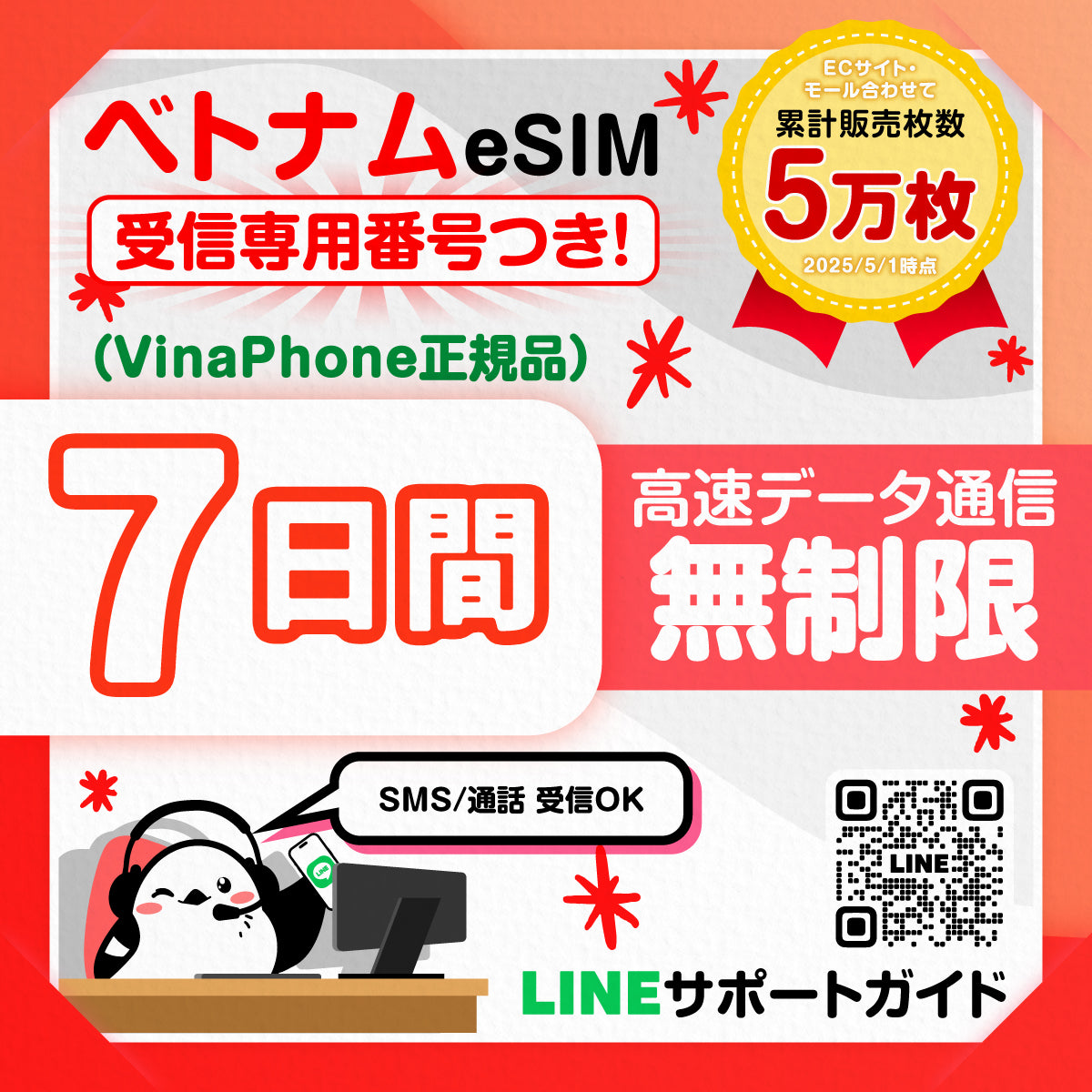 ベトナムeSIMのVinaPhone7日間データ量無制限電話番号付プラン画像_eSIM-san