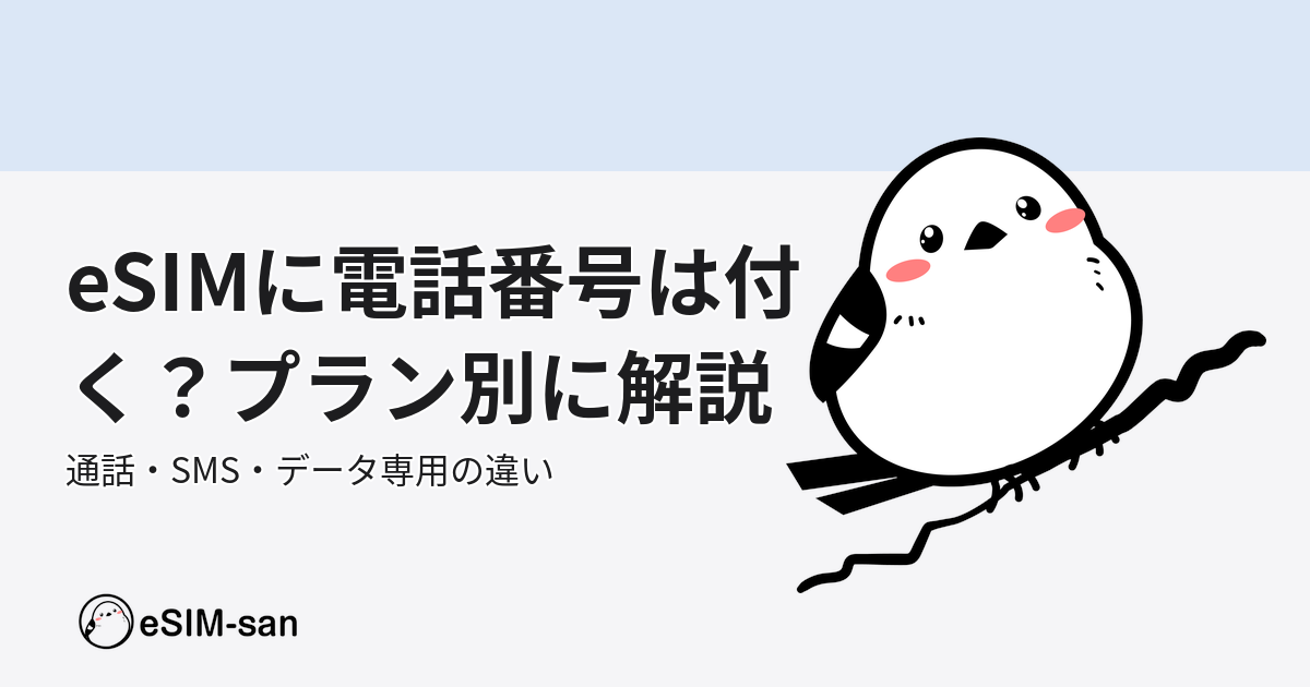 eSIMの電話番号・通話プラン・データプランの違いを説明するいーしむぅのキャラクターアイキャッチ