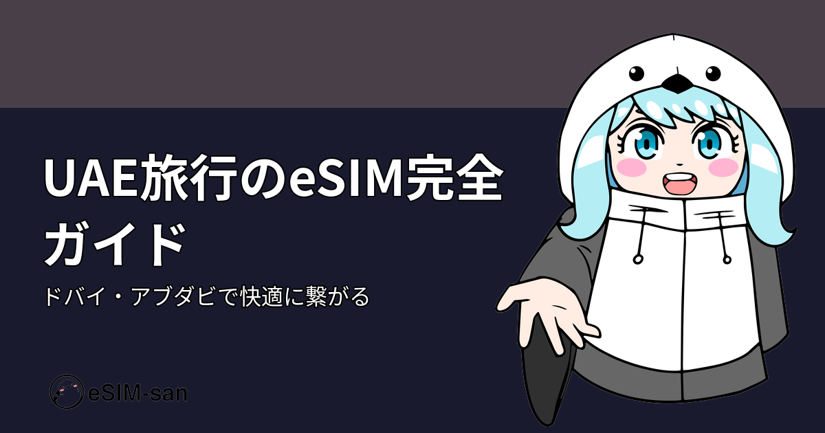 UAE旅行向けeSIMの選び方ガイド。ドバイの夜景背景にまどかちゃんが笑顔で立つアイキャッチ画像