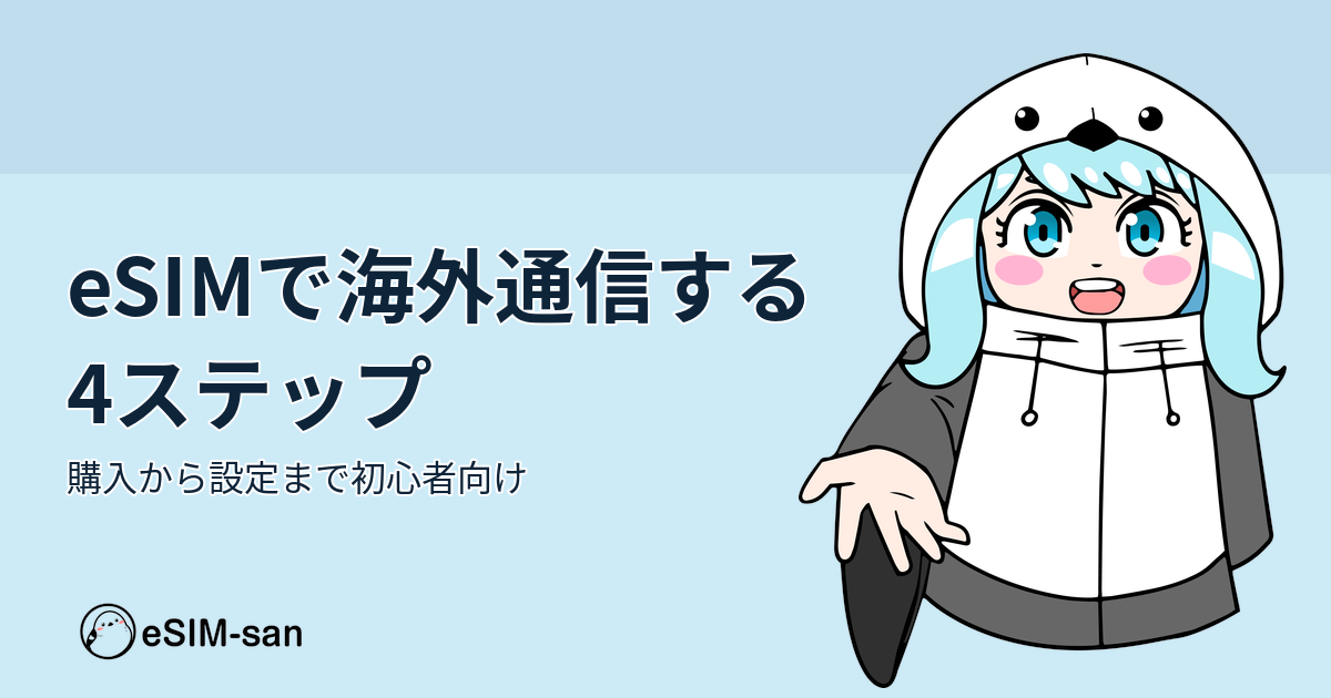 eSIMで海外通信する4ステップを解説するアイキャッチ。まどかちゃんが笑顔で旅行の準備をしている様子