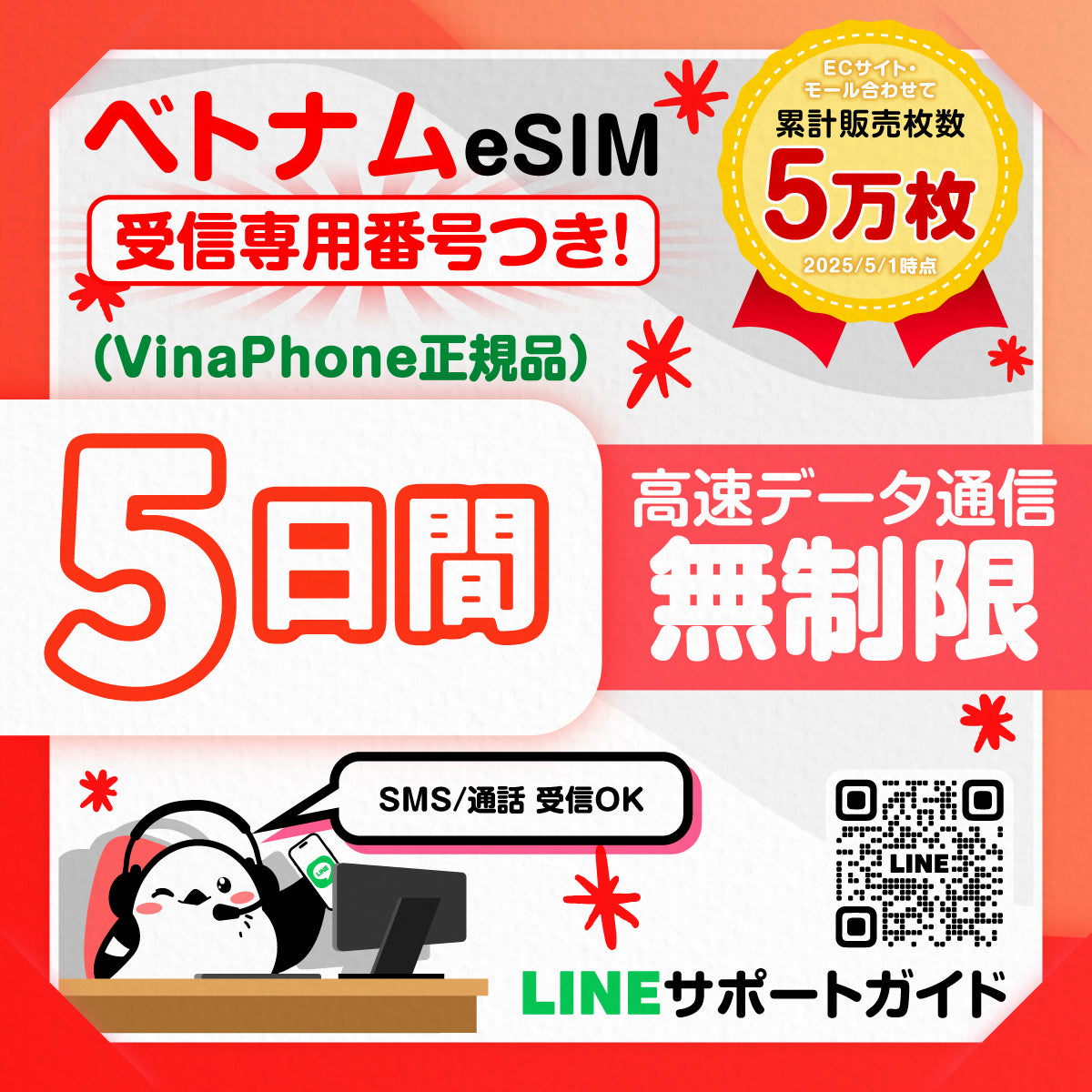 ベトナムeSIMのVinaPhone5日間データ量無制限電話番号付プラン画像_eSIM-san